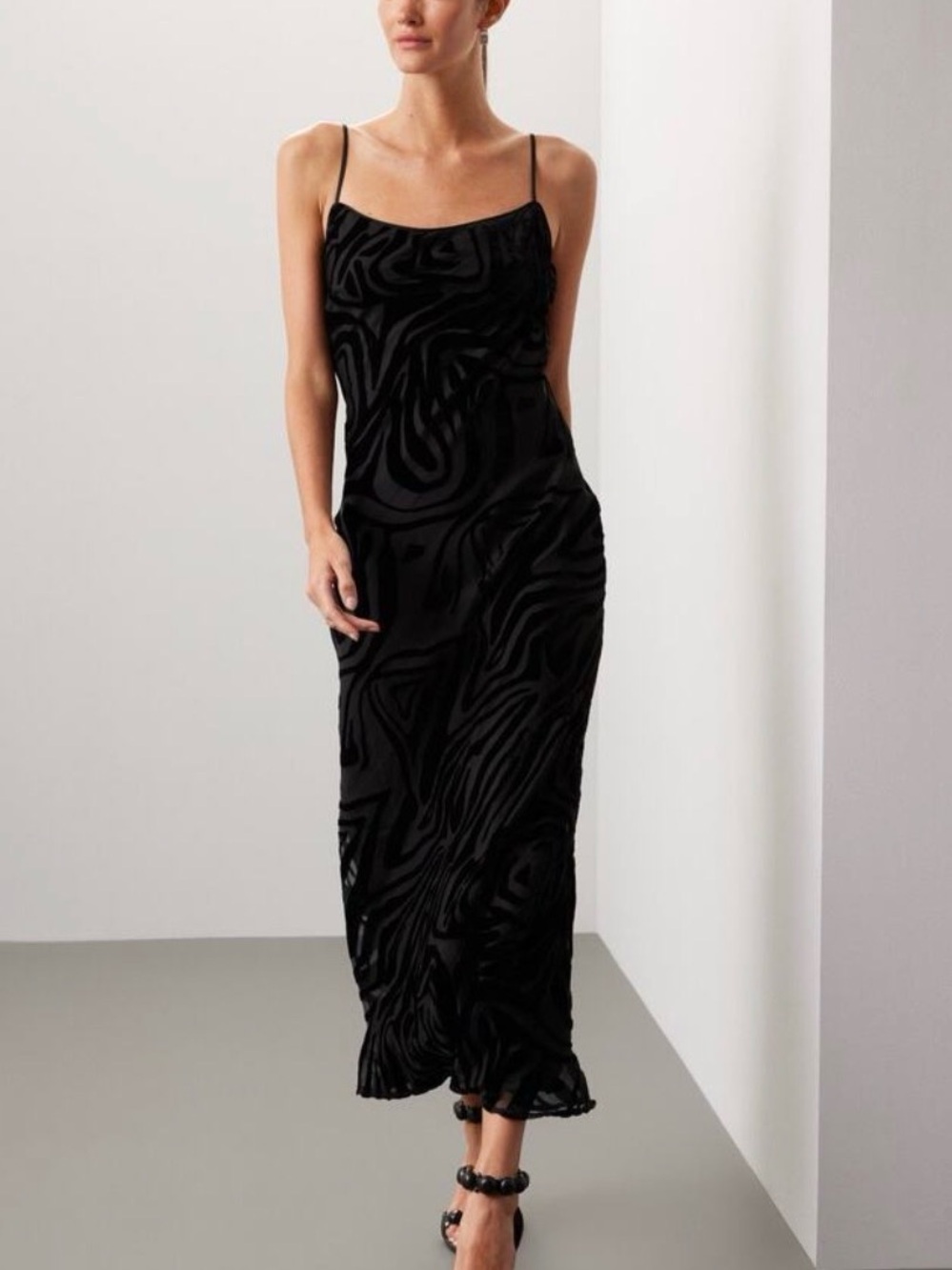 Ronny Kobo Collection Burnout Black Velvet-Texture Maxi Slip Dress